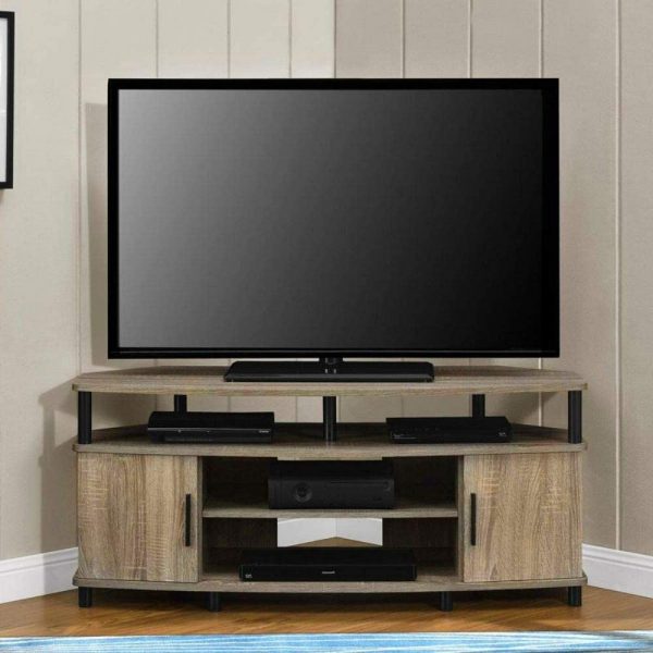 BS Corner Tv Console Stand for up 50 Inch Tv Entertainment Center Credenza with 2 Cabinets 3-Tier Media Center Organizer Audio Video Wooden-Metal Oak &… 2