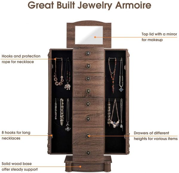 CHARMAID Large Standing Jewelry Armoire Cabinet Chest with 7 Drawers, 2 Side Swing Door with 12 Necklace Hooks, Jewelry Box Storage Organizer with Top Flip… 4