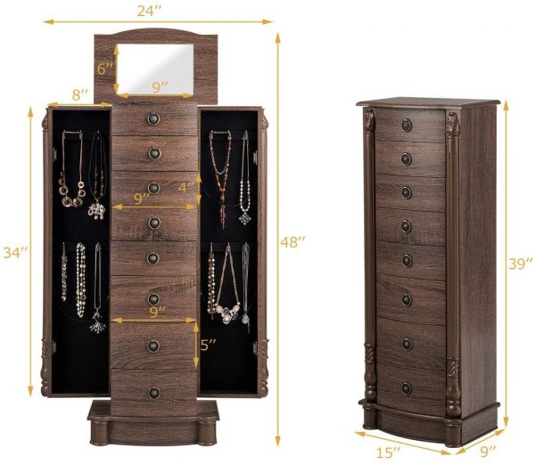 CHARMAID Large Standing Jewelry Armoire Cabinet Chest with 7 Drawers, 2 Side Swing Door with 12 Necklace Hooks, Jewelry Box Storage Organizer with Top Flip… 7