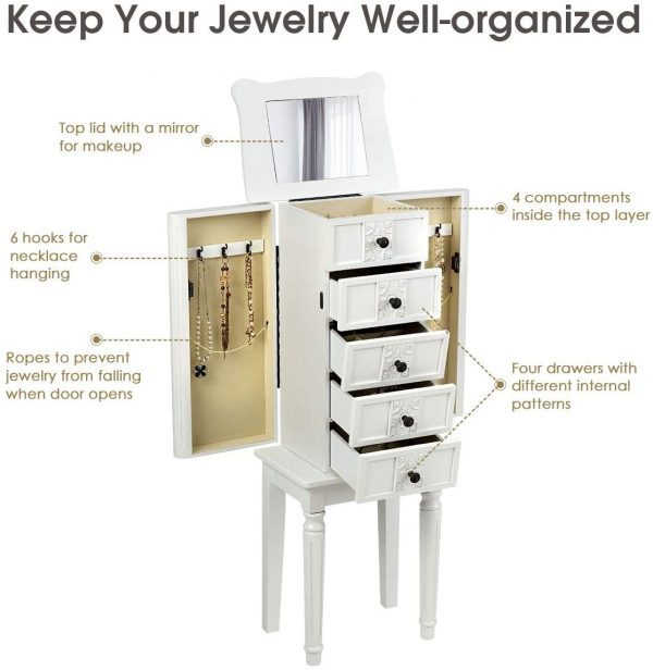 CHARMAID Standing Jewelry Cabinet Armoire with Top Flip Makeup Mirror 4 Drawers 2 Side Doors and 6 Necklace Hooks Wood Storage Chest Cabinet with Large Top Compartments Retro Jewelry Box White 4