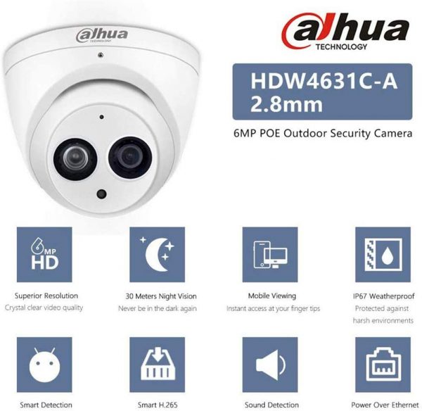Dahua 6MP Dome Camera IPC-HDW4631C-A 2.8mm PoE IP Security Camera Turret Super HD Eyeball Network Camera Built-in Mic for Audio, 100ft IR Day & Night, H.265, IP67 Weatherproof 2