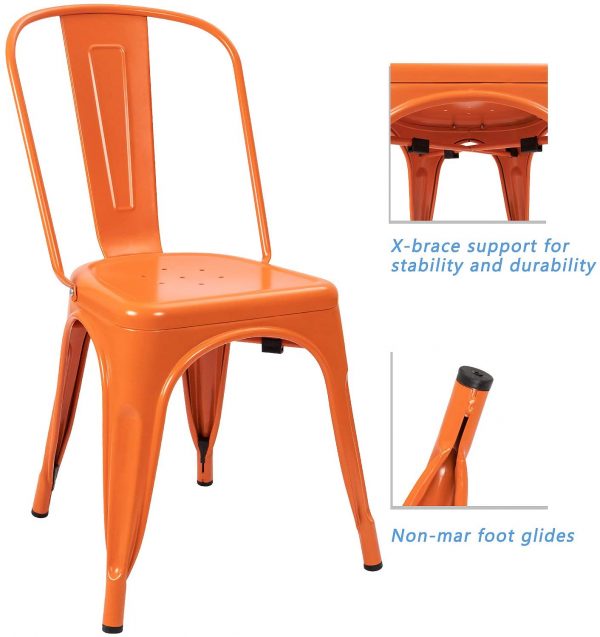 Devoko Metal Indoor-Outdoor Chairs Distressed Style Kitchen Dining Chairs Stackable Side Chairs with Back Set of 4 (Orange) 5