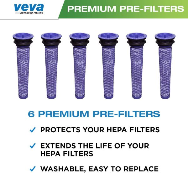 EVA 6 Premium Vacuum Pre Filters Compatible with Dyson V6, V7, V8, DC58, DC59, DC61, DC62, Animal, Washable Pre Filter Part # 965661 2