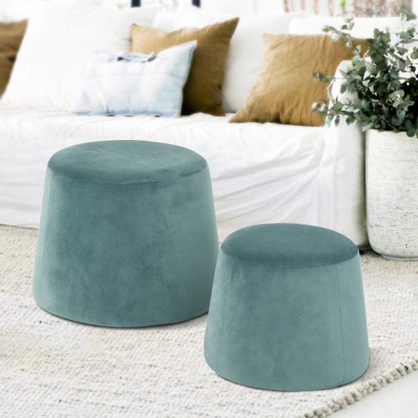 FurnitureR Velvet Pouf Stool Round Ottoman Fabric Round Accent Chair Stool Without Storage Aqua Set of 2 2