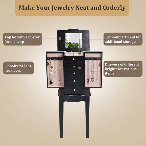 GOFLAME Jewelry Chest Armoire Cabinet Standing with Mirror Wood Large Ring Necklace Storage Box Top Flip Makeup Mirror Classic 33 Tall Bedroom Jewelry Storage Organizer 5 Drawers Black 6