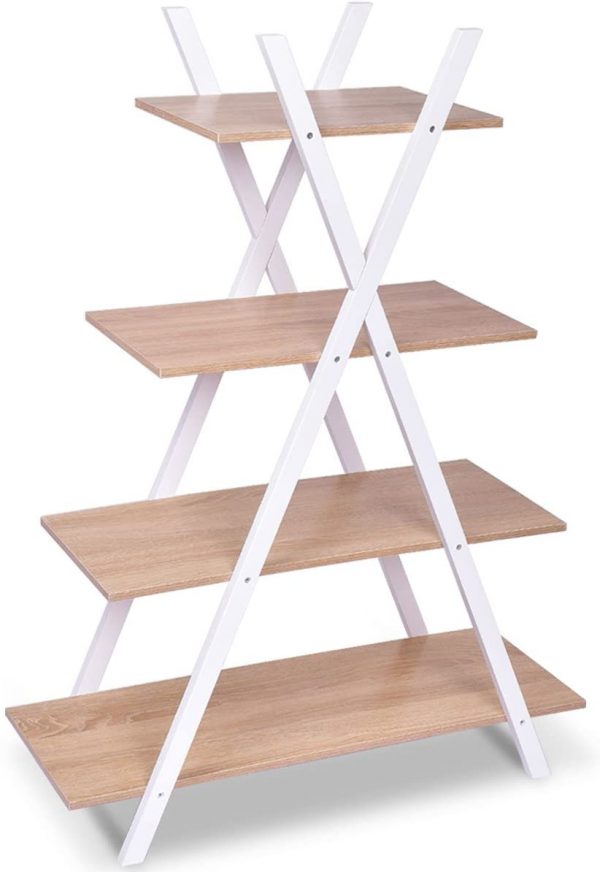 Giantex 4 Tier Bookshelf Storage Shelves Bookcase Ladder Shelf Home Office X-Shape Potted Plant or Flower Rack Display Shelves Easy Assembly (Natutal and… 3