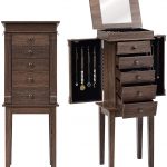 Giantex Standing Jewelry Armoire with Mirror 5 Drawers & 8 Necklace Hooks Jewelry Cabinet Chest with Top Storage Organizer Flip Mirror 2 Side Swing Doors Standing Jewelry Cabinets Brown 1