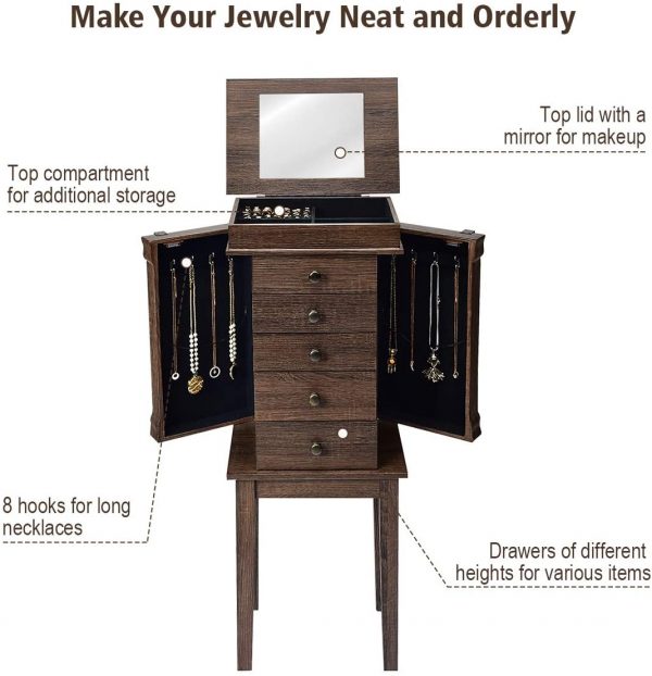 Giantex Standing Jewelry Armoire with Mirror 5 Drawers & 8 Necklace Hooks Jewelry Cabinet Chest with Top Storage Organizer Flip Mirror 2 Side Swing Doors Standing Jewelry Cabinets Brown 3