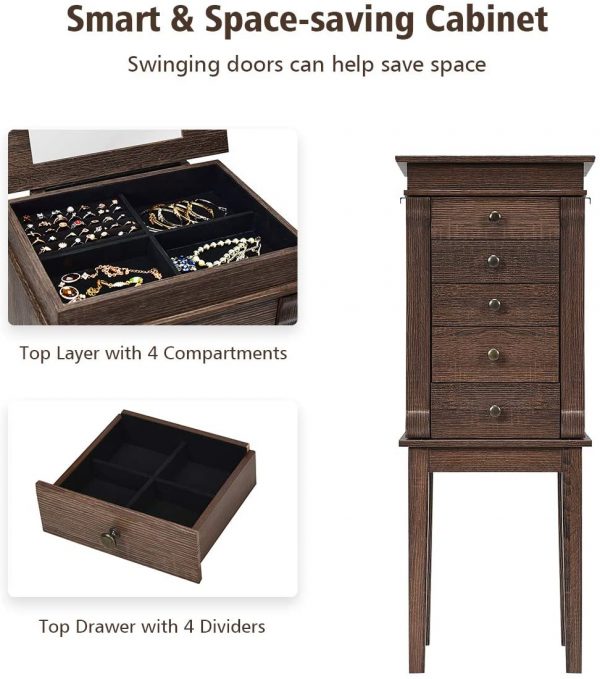 Giantex Standing Jewelry Armoire with Mirror 5 Drawers & 8 Necklace Hooks Jewelry Cabinet Chest with Top Storage Organizer Flip Mirror 2 Side Swing Doors Standing Jewelry Cabinets Brown 4