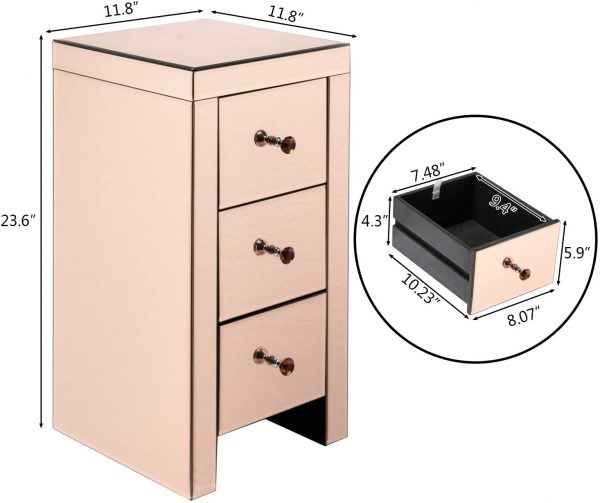 Goujxcy 3 Drawers Mirrored Dresser Bedroom Chest Storage Drawers Nightstand 4
