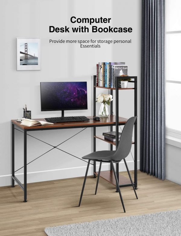 Home Office Desk with 4 Tier Bookshelf Tall Computer Writing Desk with Rack Storage Study Desk with Sturdy Metal Frame Multipurpose PC Wood Workstation 47 x 23 x 28 inch Brown 2