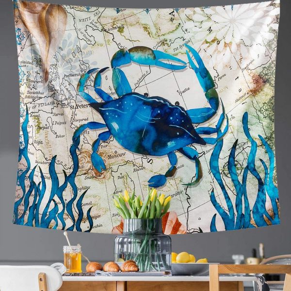 INTHouse Sea Crab Tapestry Wall Hanging Crab Decor Blue Ocean Tapestry Psychedelic Tapestry Marine Life Tapestry Dorm Decor Trippy Wall Tapestry for Bedroom 2