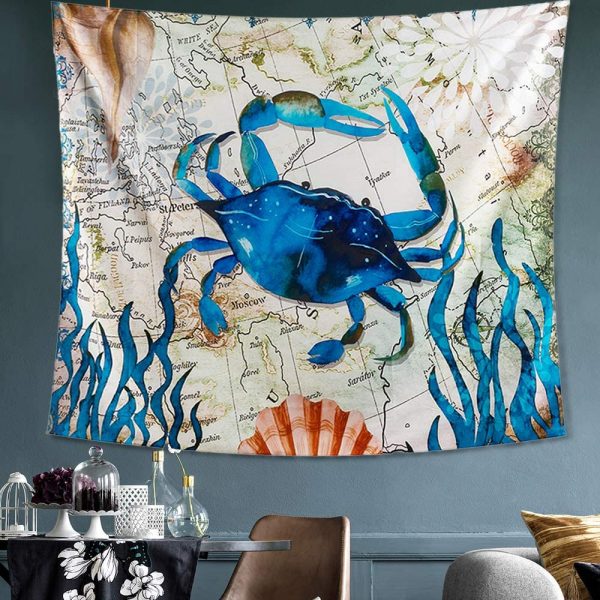 INTHouse Sea Crab Tapestry Wall Hanging Crab Decor Blue Ocean Tapestry Psychedelic Tapestry Marine Life Tapestry Dorm Decor Trippy Wall Tapestry for Bedroom 3