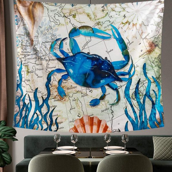INTHouse Sea Crab Tapestry Wall Hanging Crab Decor Blue Ocean Tapestry Psychedelic Tapestry Marine Life Tapestry Dorm Decor Trippy Wall Tapestry for Bedroom 4