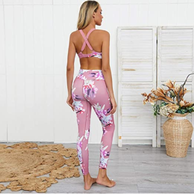 Jetjoy Workout Suit Set，Yoga Crop Tank Top Strappy Bra and High Waist Leggings 2 Piece Sports Outfits for Women (Floral Print-Pink, M) 4