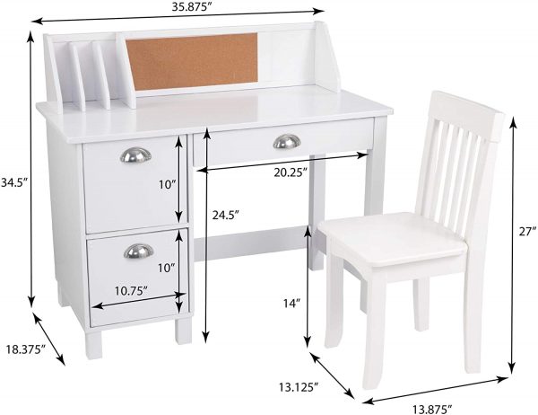 KidKraft Wooden Study Desk for Children with Chair, Bulletin Board and Cabinets, White, Gift for Ages 5-10 2