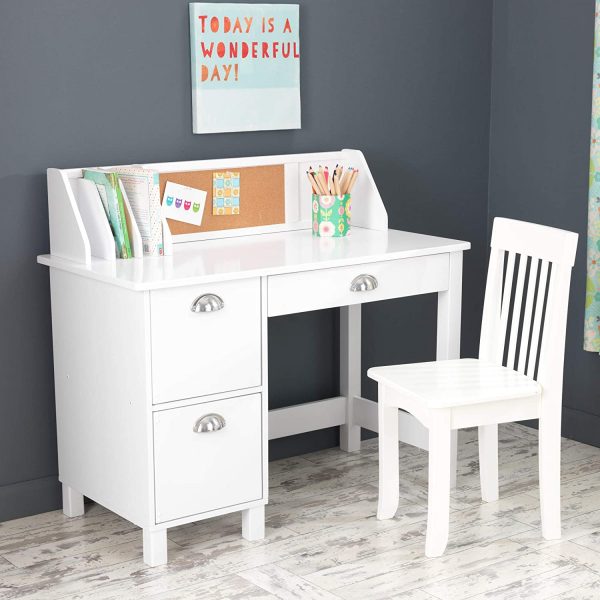 KidKraft Wooden Study Desk for Children with Chair, Bulletin Board and Cabinets, White, Gift for Ages 5-10 4