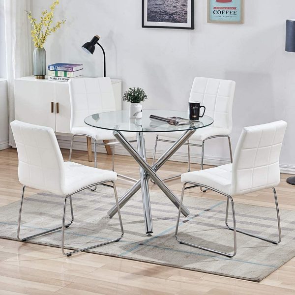 Modern Dining Chairs Set of 2, Dining Room Chairs with Faux Leather Padded Seat Back in Checkered Pattern and Sled Chrome Legs, Kitchen Chairs for Dining… 3