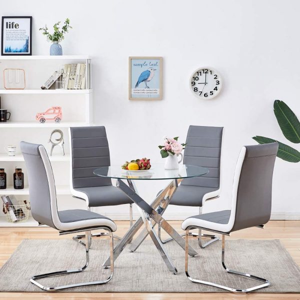 Modern Dining Chairs Set of 4, Grey White Side Dining Room Chairs, Kitchen Chairs with Faux Leather Padded Seat High Back and Sturdy Chrome Legs, Chairs for… 2