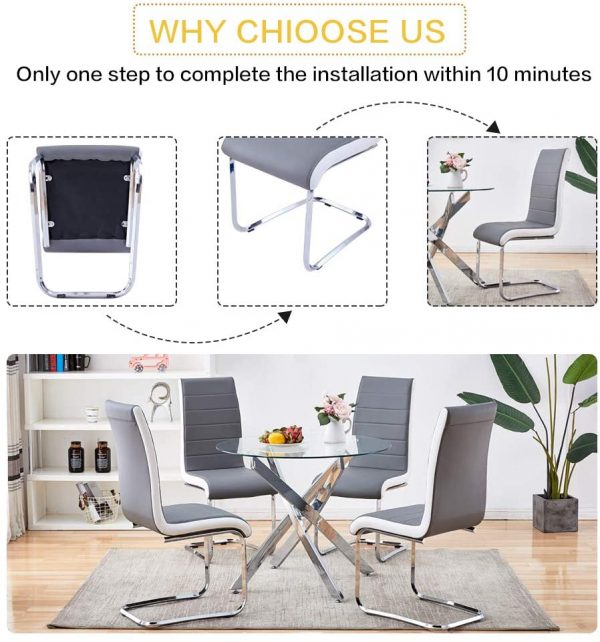 Modern Dining Chairs Set of 4, Grey White Side Dining Room Chairs, Kitchen Chairs with Faux Leather Padded Seat High Back and Sturdy Chrome Legs, Chairs for… 4