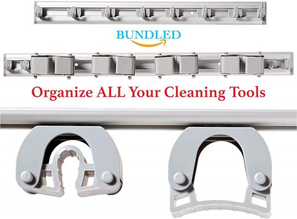 Mop and Broom Holder Wall Mount with 2 Aluminum Racks + 4 Grippers + 12 Utility Hooks for Laundry Room, Kitchen & Storage Organizer. Tools Hanger, Cleaning Gears Hook Rack & Garden Tool Organization. 2