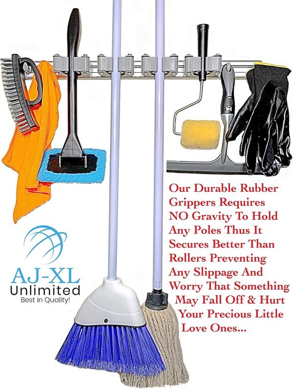 Mop and Broom Holder Wall Mount with 2 Aluminum Racks + 4 Grippers + 12 Utility Hooks for Laundry Room, Kitchen & Storage Organizer. Tools Hanger, Cleaning Gears Hook Rack & Garden Tool Organization. 9