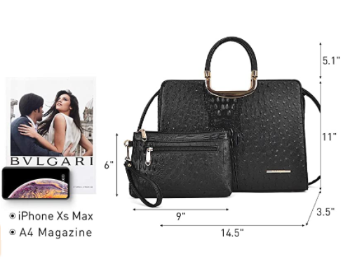 Ostrich Purses and Handbags for Women Designer Tote Top Handle Satchel Shoulder Bags with Wallet Ladies (Black) 7