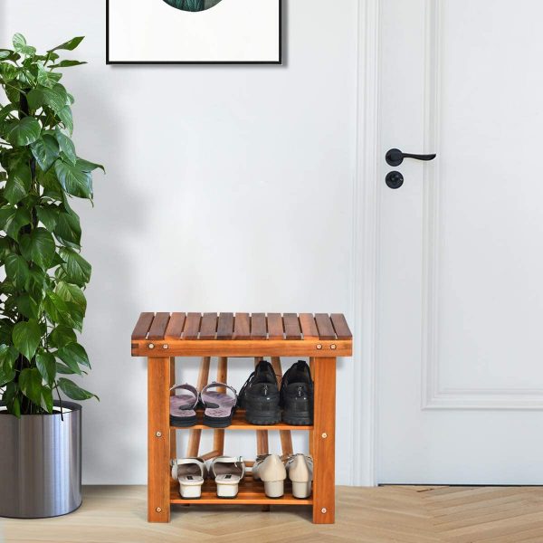 PATIOJOY Shoe Rack Bench, 3-Tier Shoe Organizer, Storage Shelf & Seat, Made of Sturdy Acacia Wood, Wide Application, Idea for Entryway, Hallway, Living… 4
