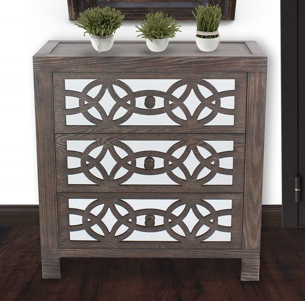 River of Goods Drawer Chest Glam Slam 3 Drawer Mirrored Wood Cabinet Furniture, Peppered Oak 2