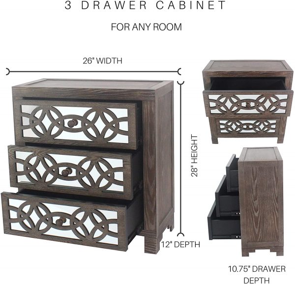 River of Goods Drawer Chest Glam Slam 3 Drawer Mirrored Wood Cabinet Furniture, Peppered Oak 3