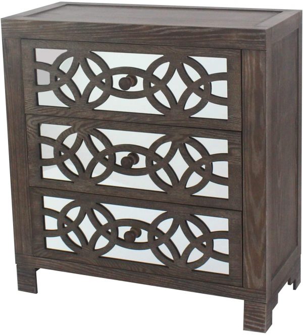 River of Goods Drawer Chest Glam Slam 3 Drawer Mirrored Wood Cabinet Furniture, Peppered Oak 4