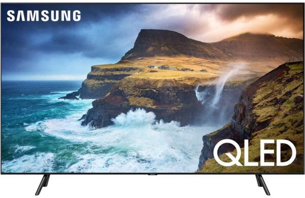 Samsung QN75Q70RA 75 inch Q70 QLED Smart 4K UHD TV with 1 Year Warranty 2019 Model Renewed Flat Wall Mount Bundle with Deco Gear 2.4GHz Wireless Keyboard Smart Remote and 6 Outlet Surge Protector 2
