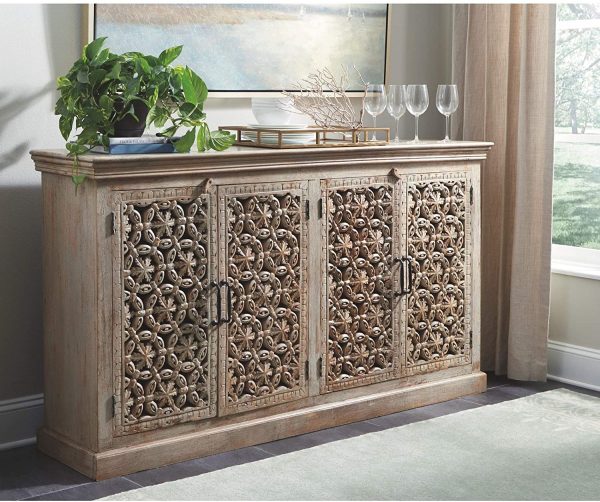 Signature Design by Ashley – Fossil Ridge 4-Door Accent Cabinet – Contemporary – Hand Carved Medallion Pattern – Amber 2