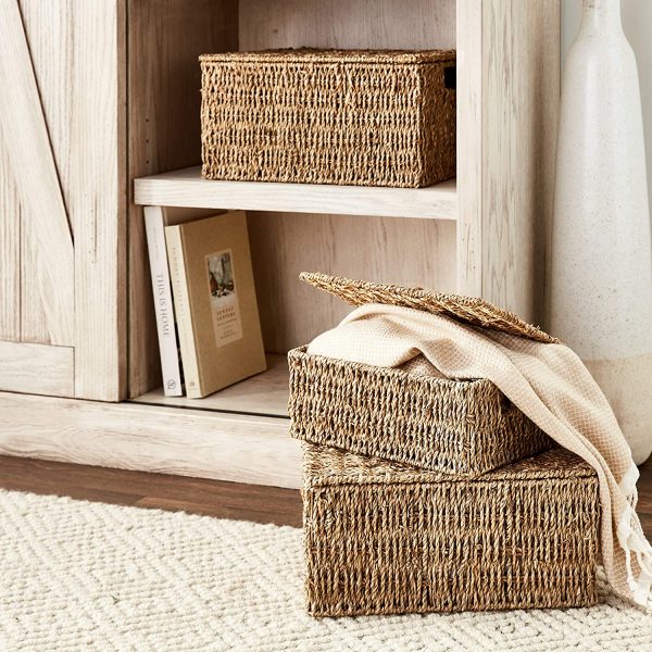 Trademark Innovations Rectangular Seagrass Baskets Lids (Set of 3), Brown 10