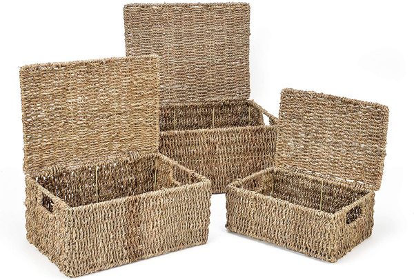 Trademark Innovations Rectangular Seagrass Baskets Lids (Set of 3), Brown 8
