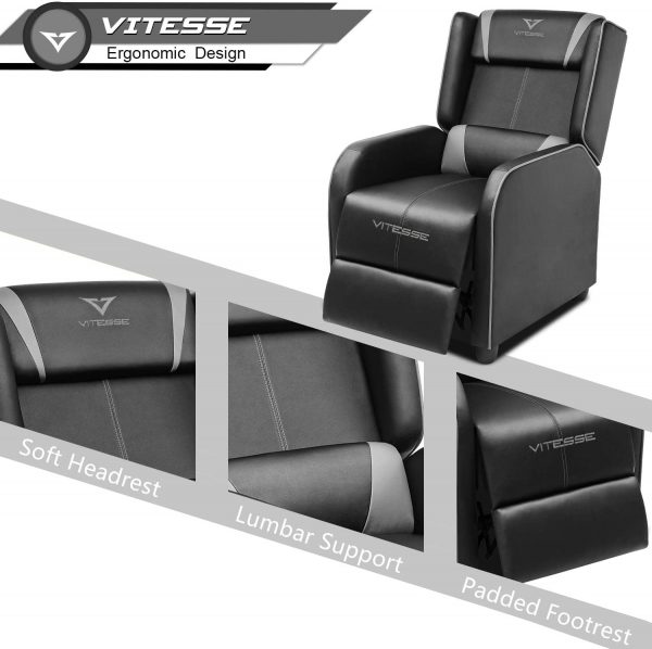 VITESSE Gaming Recliner Chair Racing Style Single Ergonomic Lounge Sofa Modern PU Leather Reclining Home Theater Seat for Living Gaming Room (Grey). 3