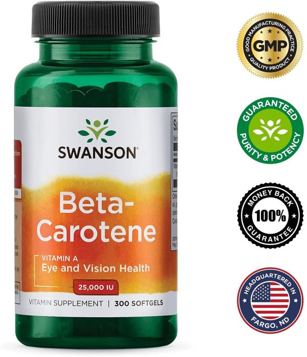 Swanson Beta-Carotene Vitamin A 25000 IU Skin Eye Immune System Health Antioxidant Support 7500 mcg 300 Softgels Count (3 Pack) 7
