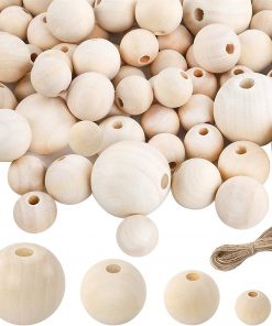Outuxed 180pcs 16mm, 20mm, 25mm, 30mm Natural Wooden Beads for Crafts Round Loose Beads Unfinished Wood Spacer Beads with 1 Roll Jute Twine for Jewelry Making Decorations, 4 Size