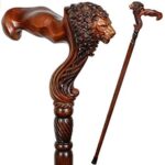 GC-Artis Lion Head Wood Carved Walking Stick Ergonomic Palm Grip Handle 36” Wooden Walking Cane for Men Women Brown