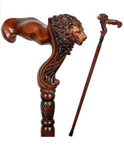 GC-Artis Lion Head Wood Carved Walking Stick Ergonomic Palm Grip Handle 36” Wooden Walking Cane for Men Women Brown