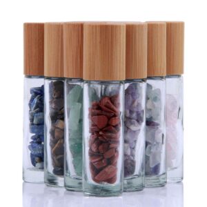10ml Roll On Bottle For Essential Oils,10 Pack Clear Glass Roller Bottles With Natural Crystal Gemstone Roller Balls Top,Bamboo Lid,Thick Glass Essential Oil Bottles-Healing Crystal Chips Inside