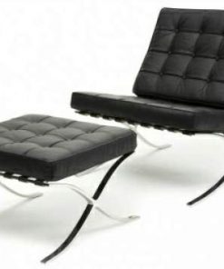 ModStone - Barcelona Pavilion Lounge Reception Love Seat Chair and Ottoman Black Top Grain Leather by Mies Ven Der Rohe