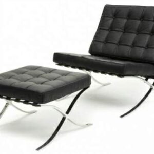 ModStone - Barcelona Pavilion Lounge Reception Love Seat Chair and Ottoman Black Top Grain Leather by Mies Ven Der Rohe