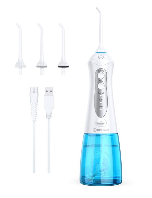 Water Flosser Cordless Teeth Cleaner with 3 Modes 4 Jets, CREMAX Portable Dental Oral Irrigator, IPX7 Waterproof and USB Rechargeable with 300ML Water Tank for Travel Home Braces and Bridges Care