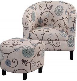 Accent Retro Living Room Chair with Ottoman (Beige & Blue)