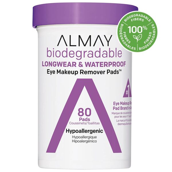 Almay Biodegradable Longwear & Waterproof Eye Makeup Remover Pads, Hypoallergenic, Cruelty Free, Fragrance Free Cleansing Wipes, 80 count, white… 3