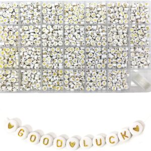 Amaney 1400 Pieces 4x7mm White Round Acrylic with Gold Alphabet Letter Beads A-Z Heart Pattern Beads and Crystal Line for Jewelry Making Bracelets Necklaces Key Chains