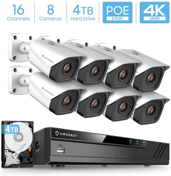 Amcrest 4K Security Camera System w/ 4K 16CH (8-Port PoE) NVR, (8) x 4K (8-Megapixel) IP67 Weatherproof Metal Bullet POE IP Cameras, Pre-Installed 4TB Hard Drive, NV4116E-IP8M-2496EW8-4TB (White)