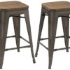 BTEXPERT 24-inch Industrial Metal Vintage Antique Copper Rustic Distressed Counter Height Bar Stool Modern - Handmade Wood top seat(Set of 4 Barstool)