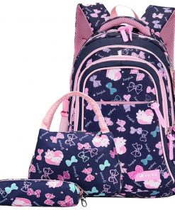 Bansusu 3Pcs Bowknot Cat Prints Elementary Girls School Bookbag Rucksack for Primary Girls School Backpack Set with Lunch Kits